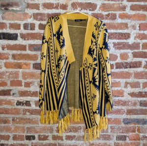 Blu Pepper Large‎ Yellow & Blue Aztec Open Front Cardigan Sweater w/ Fringe
